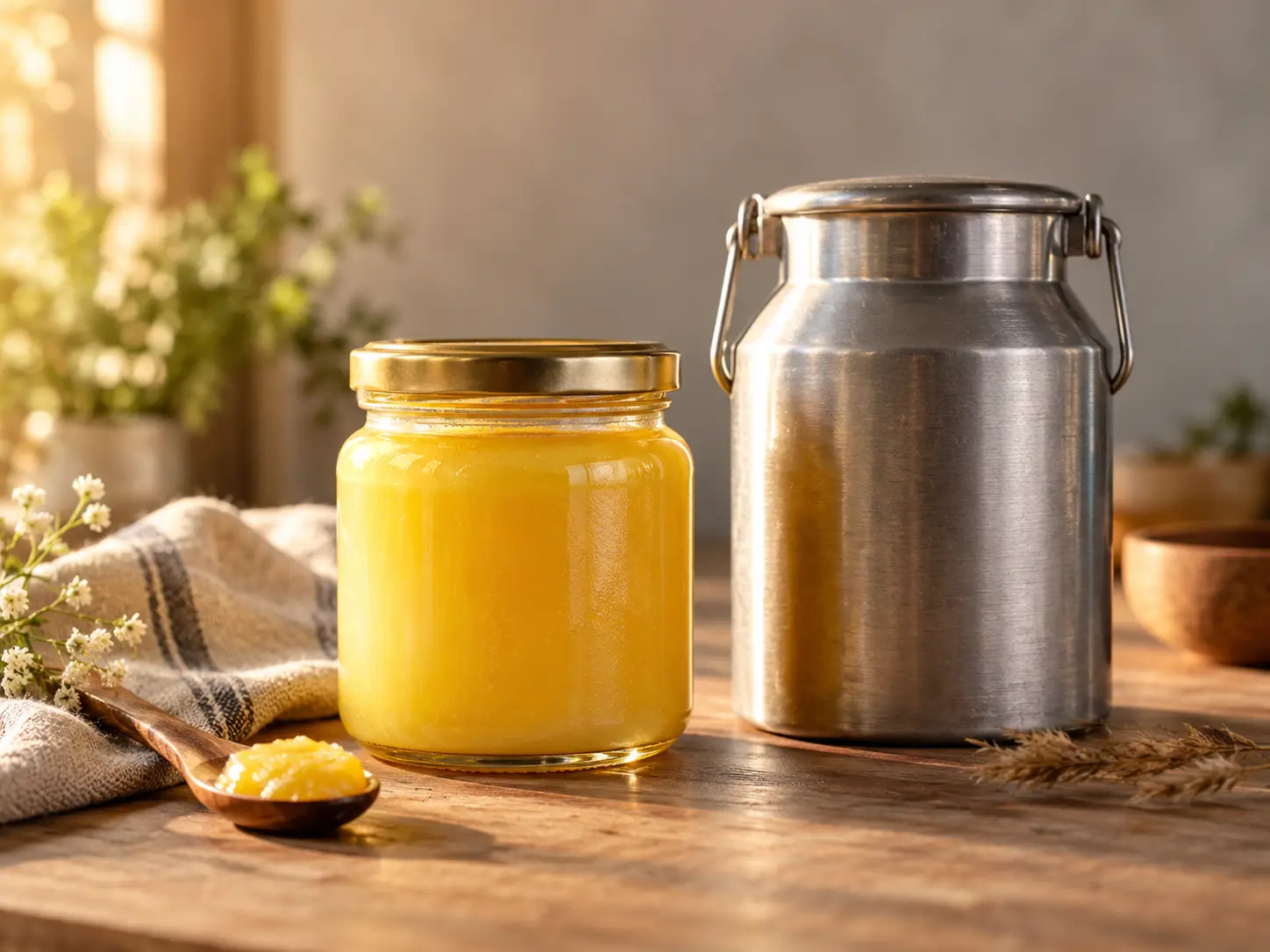 A2 ghee vs Amul ghee, glass jar beside a cooperative tin