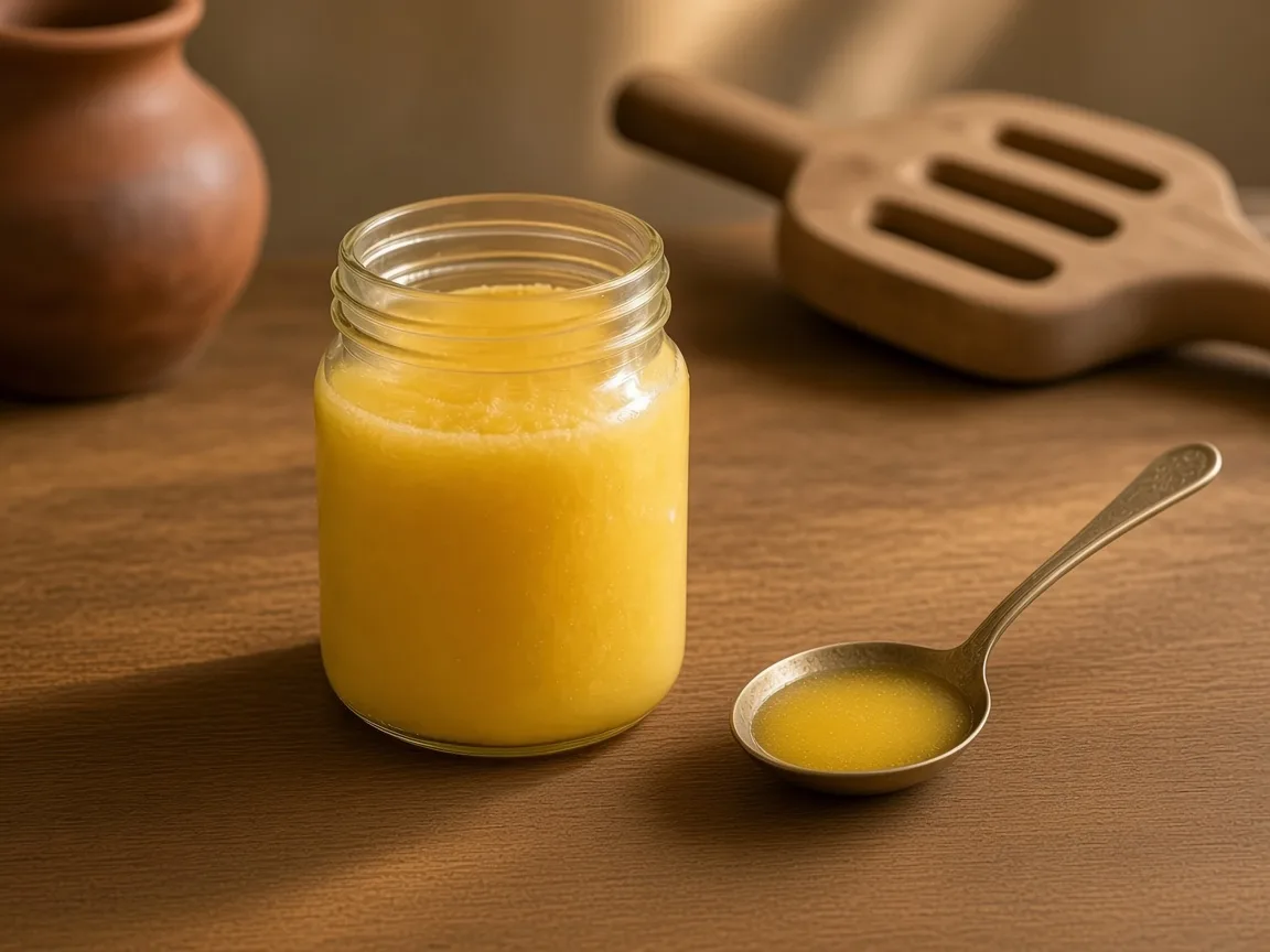 Bilona method - grainy golden ghee beside a clay matki and a wooden churn