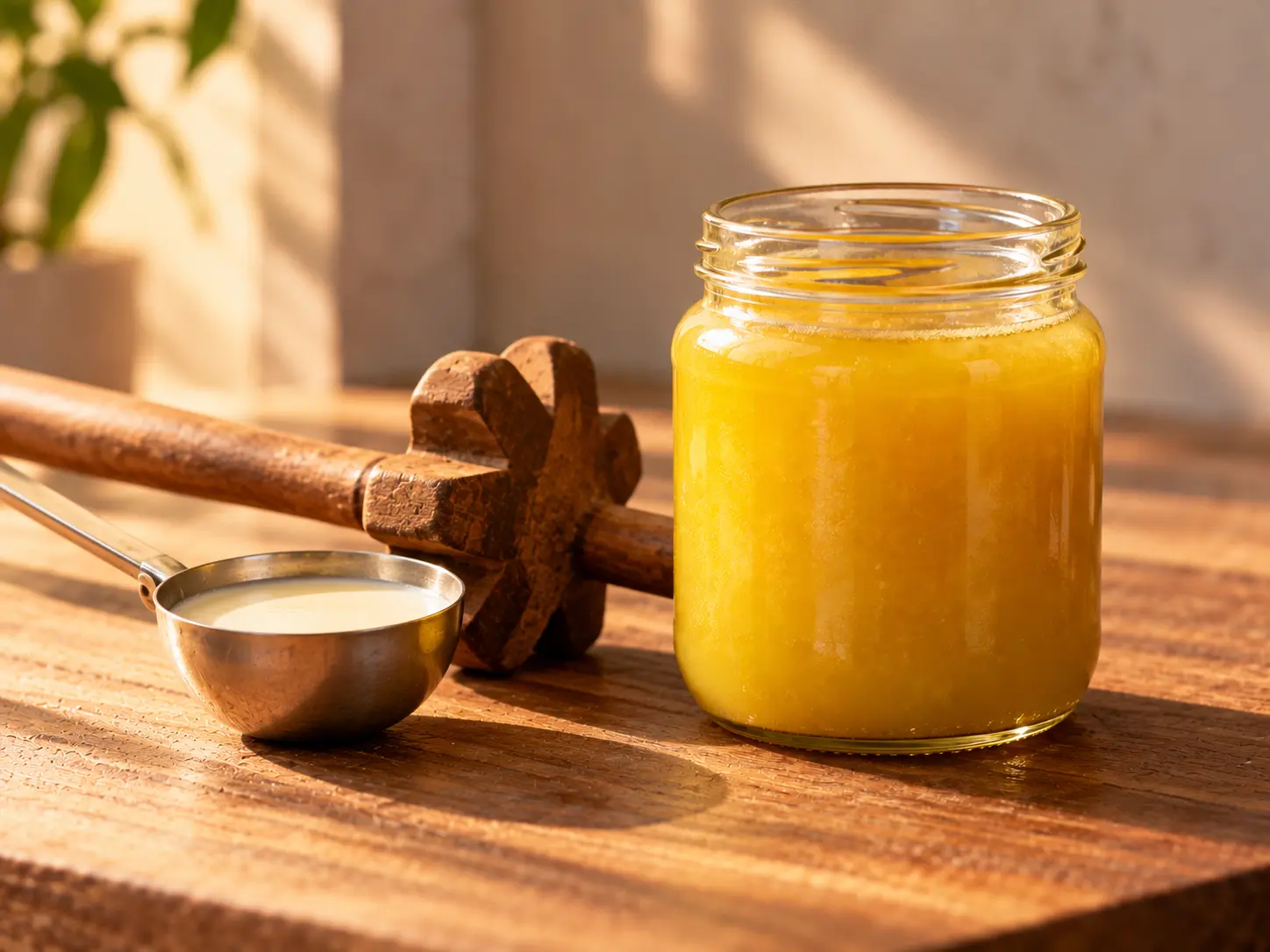 Bilona ghee vs cream ghee, curd-churn jar beside a factory tin