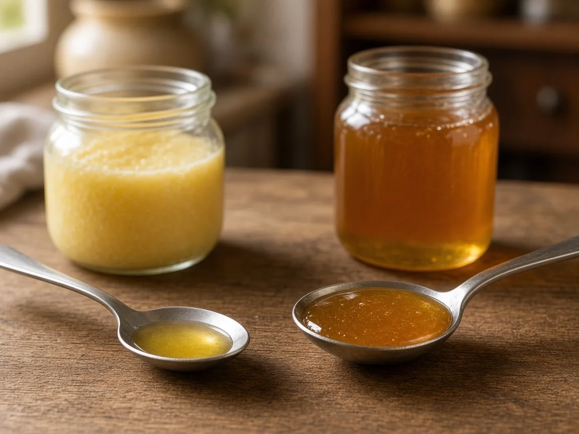 Ghee and honey - a spoon of honey and a smaller spoon of ghee beside a glass jar