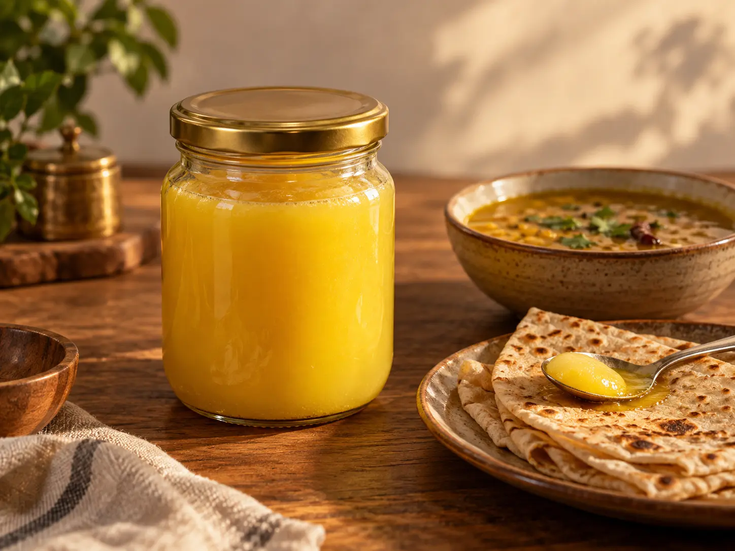Ghee benefits for men - golden A2 ghee with a daily spoon on wood