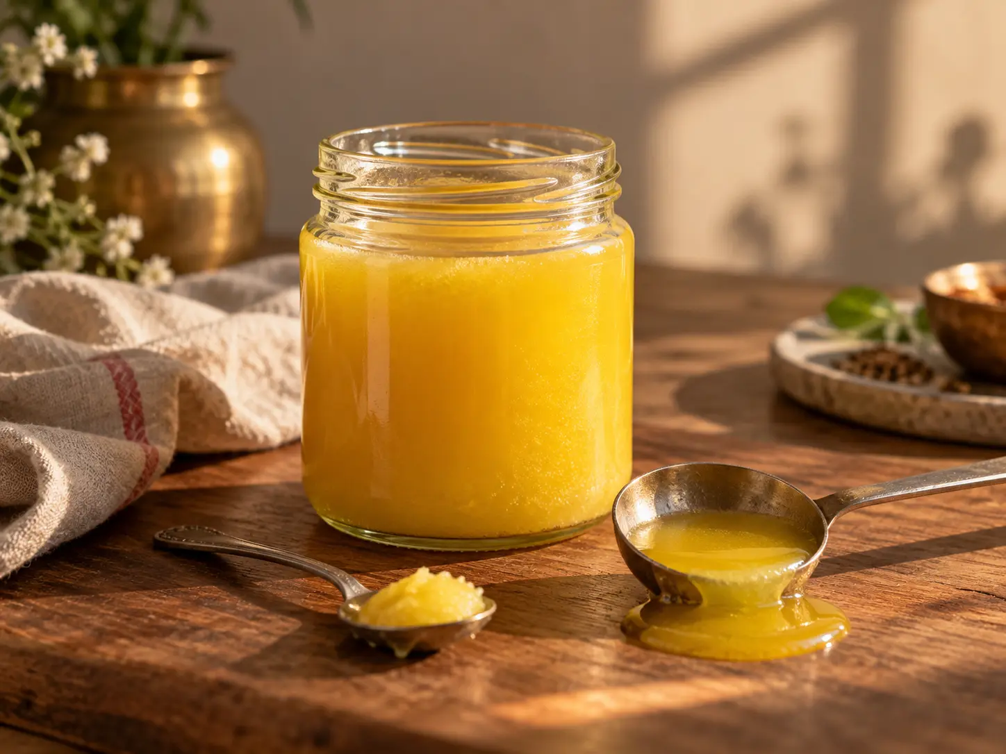 Ghee calories per tablespoon - golden A2 ghee with a measuring spoon on wood