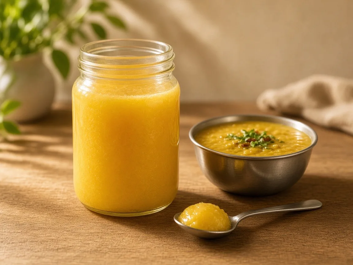 Ghee during pregnancy - a measured spoon of ghee beside a glass jar