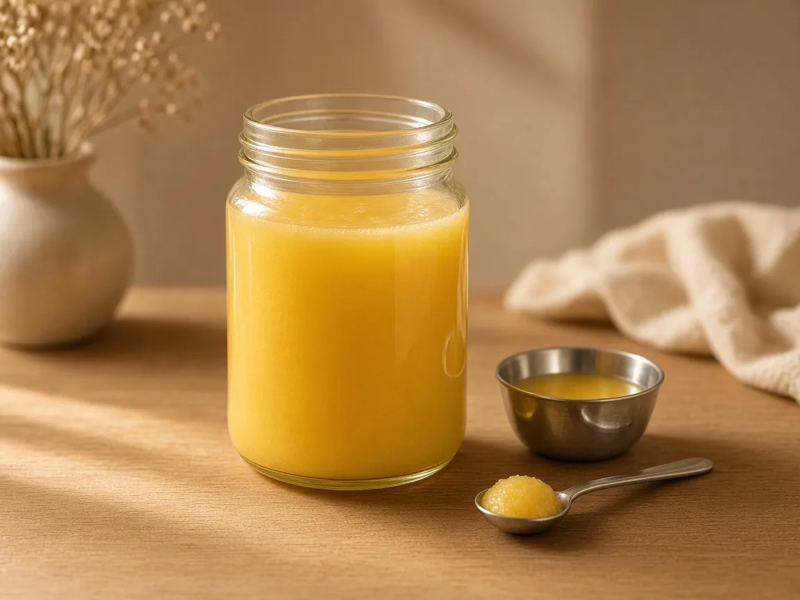 Ghee for babies - a small spoon of ghee beside a glass jar and a baby's katori