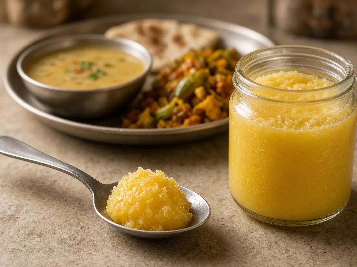 Is ghee bad for cholesterol - a measured teaspoon of ghee beside a bowl of dal
