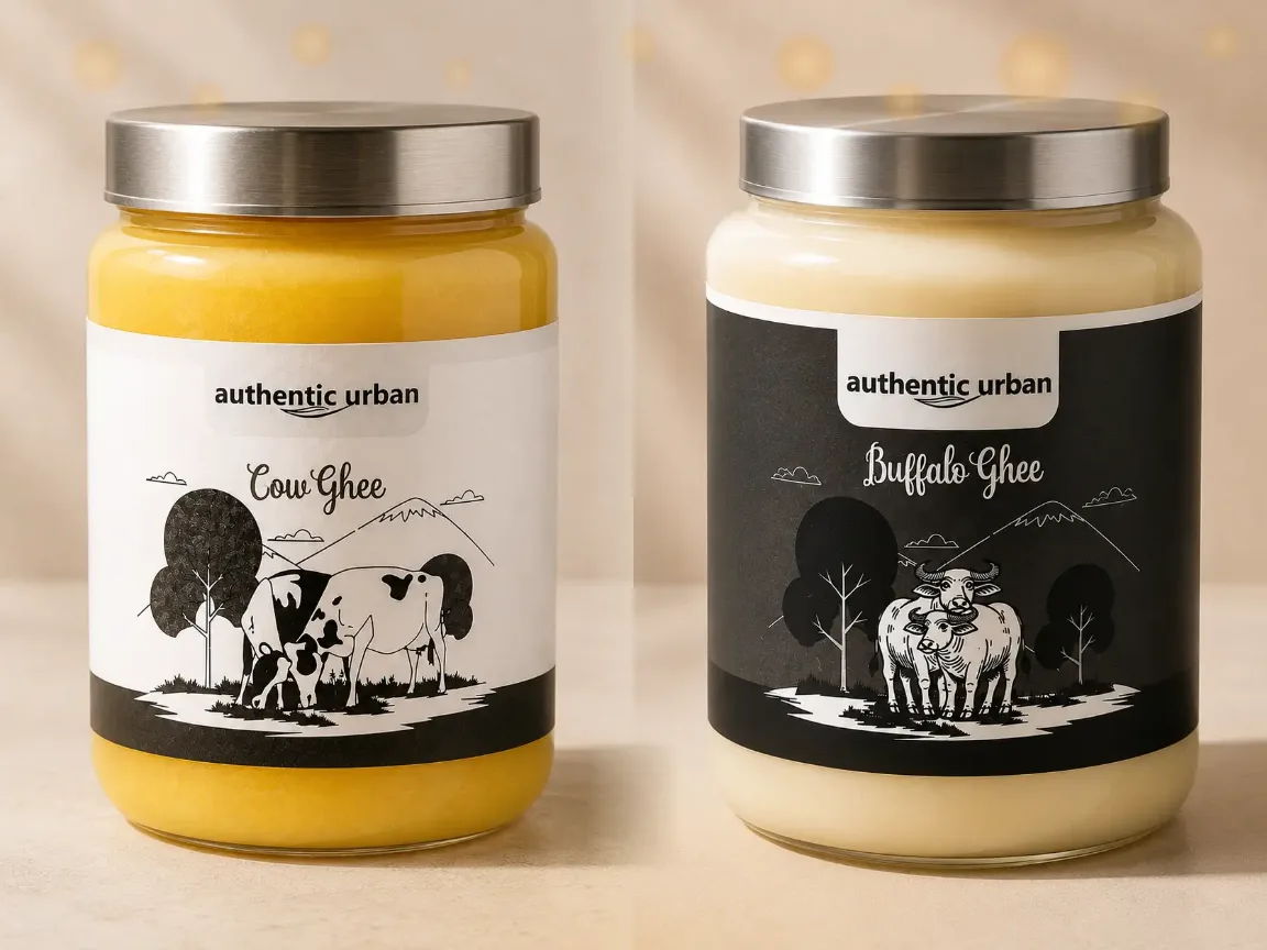 Ghee for Diwali - a jar of A2 Gir cow ghee and a jar of buffalo ghee with festival lights
