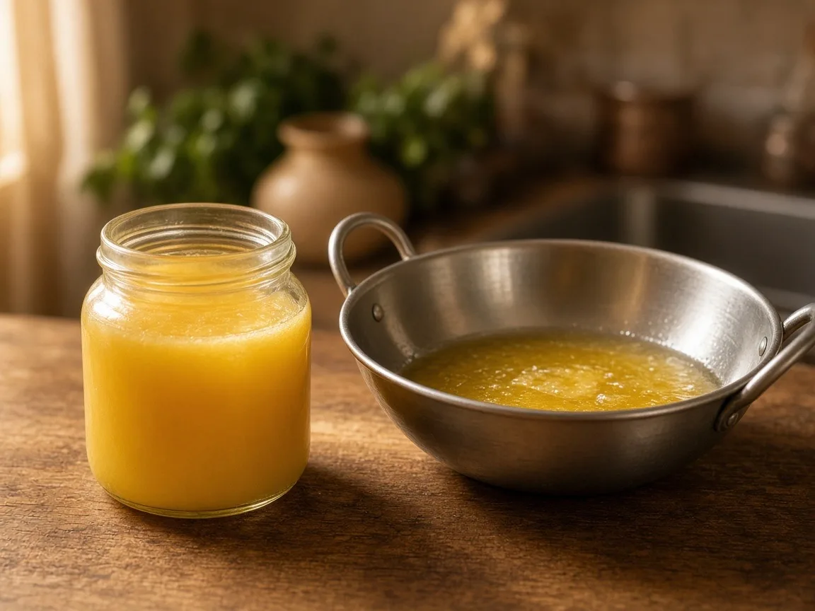 Ghee smoke point - a kadhai of hot ghee ready for tadka and frying
