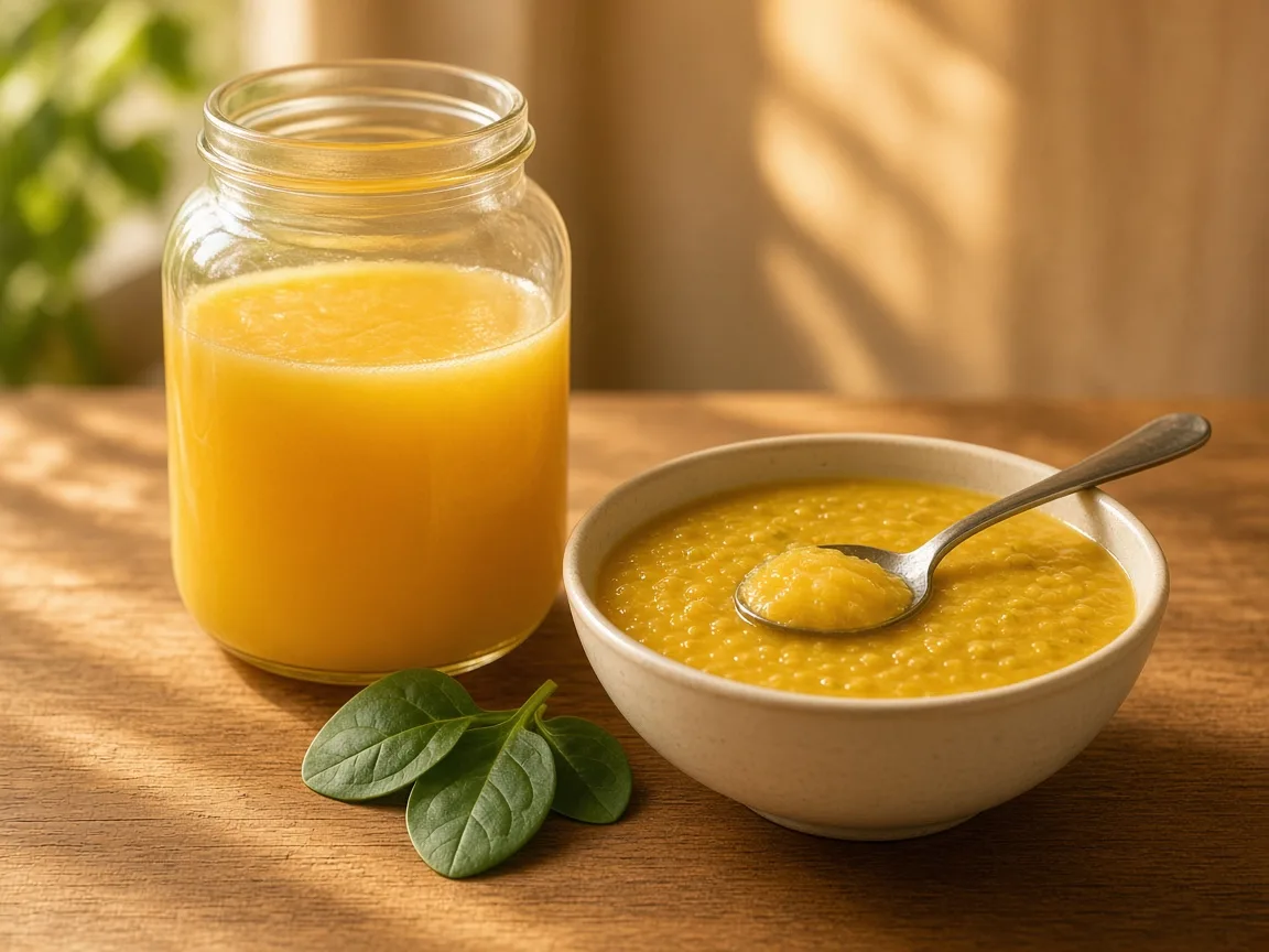 Ghee for immunity - a teaspoon of ghee on hot dal beside a glass jar of ghee