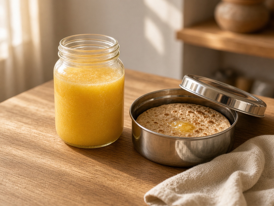 Ghee for tiffin - A2 ghee jar beside a steel lunchbox with a ghee-brushed roti