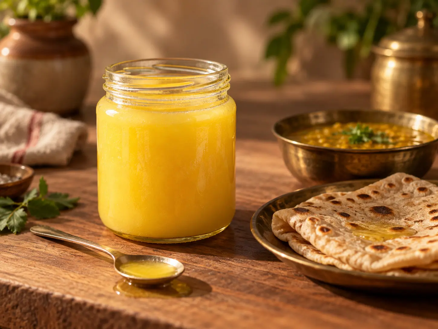Ghee in Hindi - golden A2 ghee with a daily spoon on wood
