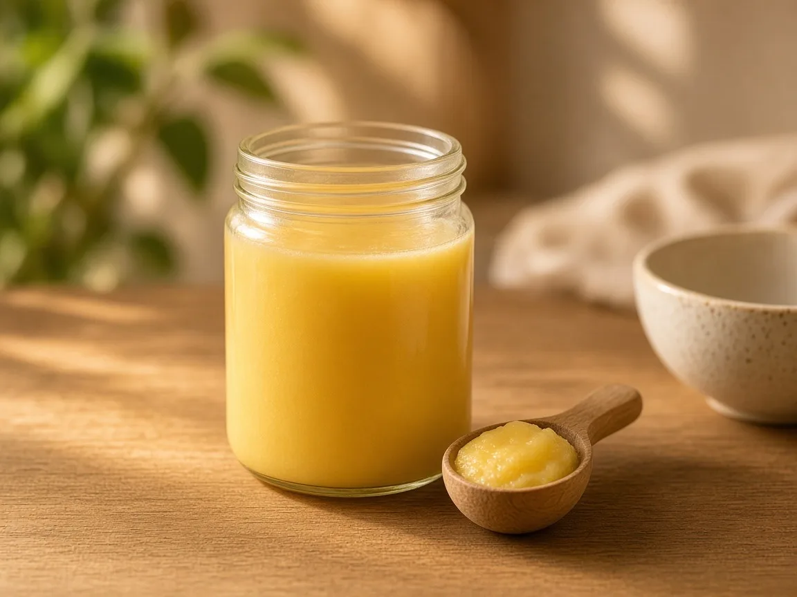 Ghee nutrition facts - a glass jar of golden ghee with a wooden spoon of ghee on a wooden table