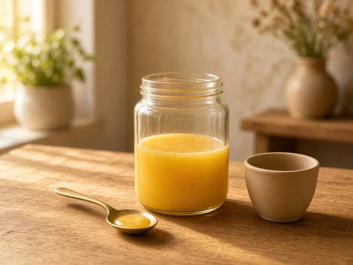 Ghee on empty stomach - a teaspoon of ghee beside a glass jar and a small clay cup