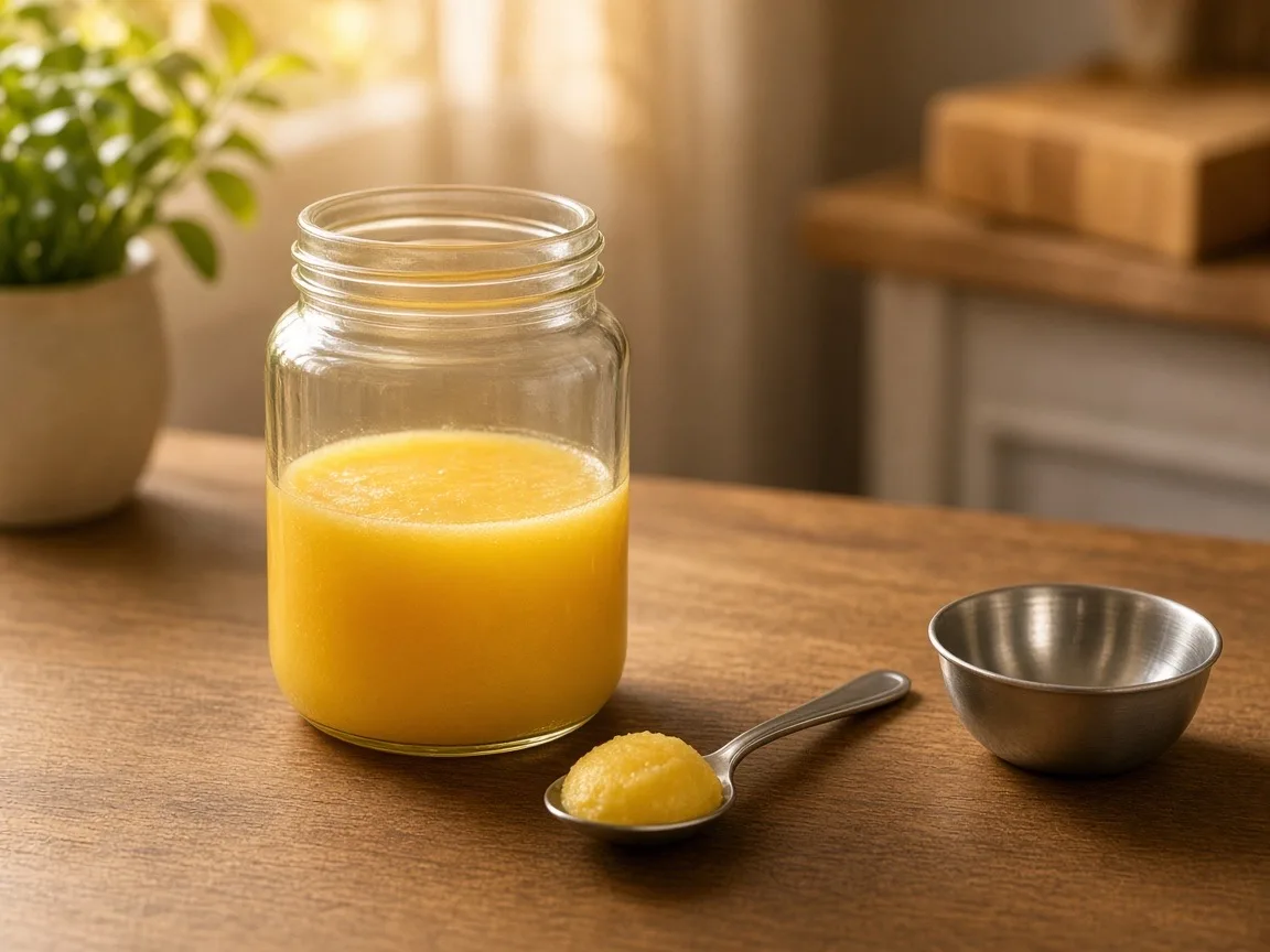 Ghee side effects - a measured teaspoon of ghee beside a glass jar