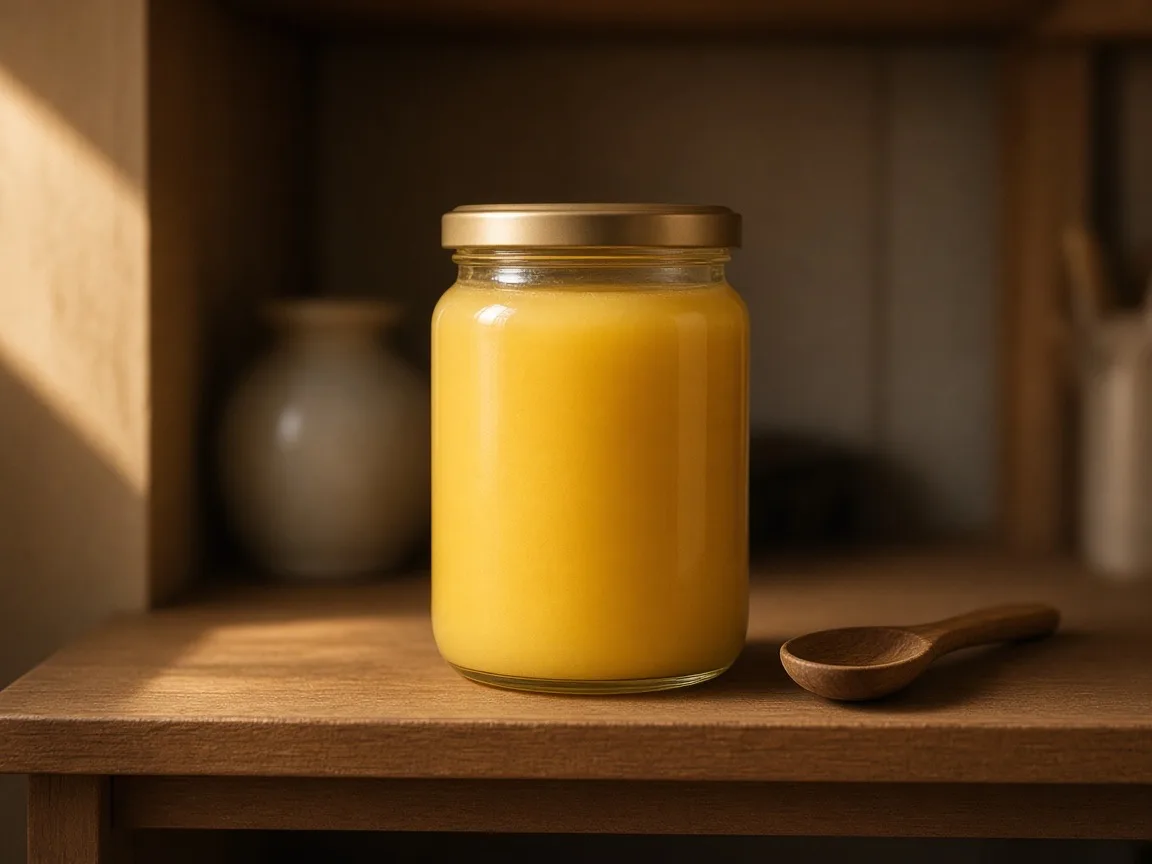 Does ghee need to be refrigerated - a sealed glass jar of ghee on a kitchen shelf with a wooden spoon