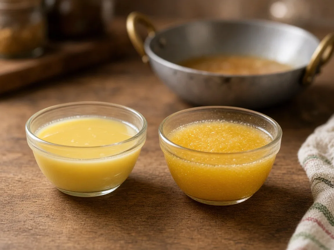 Clarified butter vs ghee - pale clarified butter beside deeper golden ghee