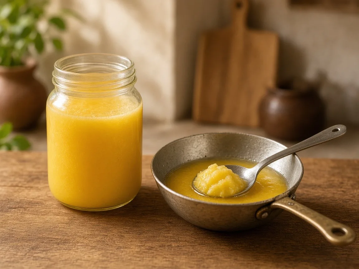 Dalda vs ghee - golden ghee jar beside a steel kadhai