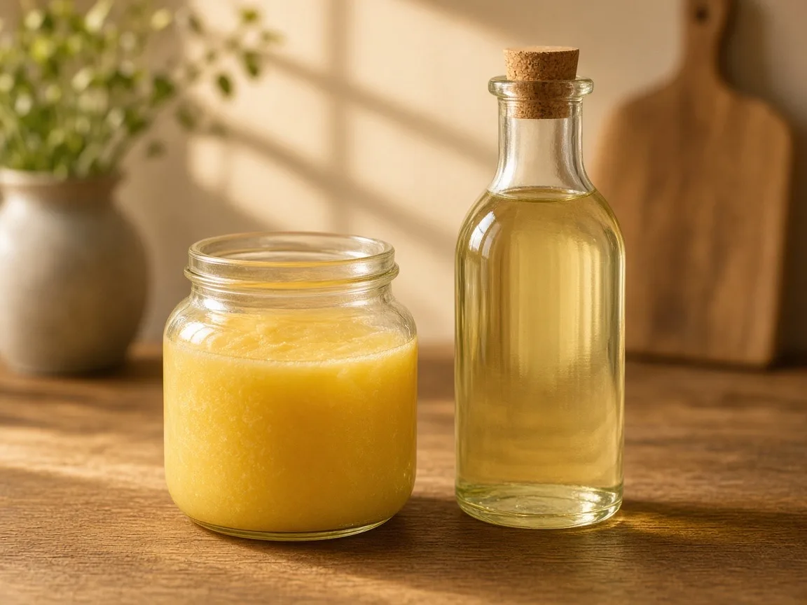 Ghee vs vegetable oil - a jar of ghee beside a bottle of cooking oil