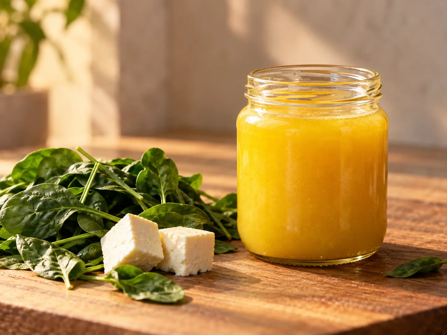 Palak paneer recipe, ghee tadka over green spinach gravy