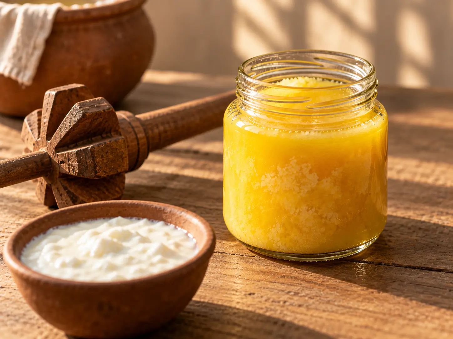 What is Bilona ghee - grainy golden ghee beside a wooden churner
