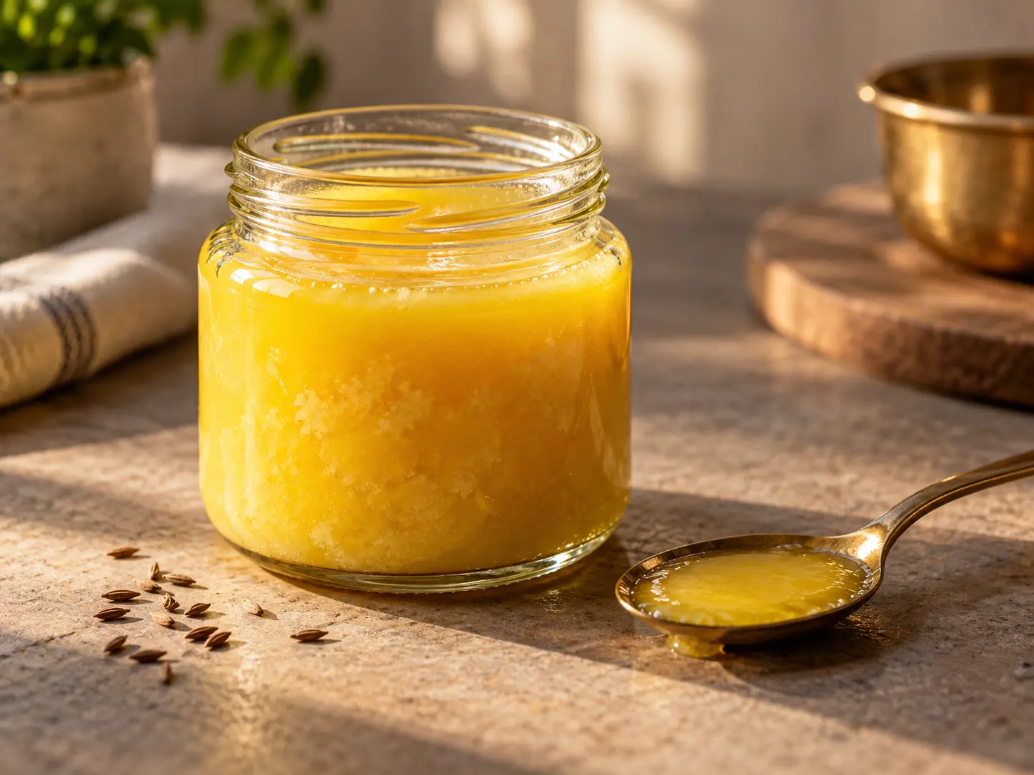 What is ghee - golden A2 ghee in a glass jar with a spoon of melted fat