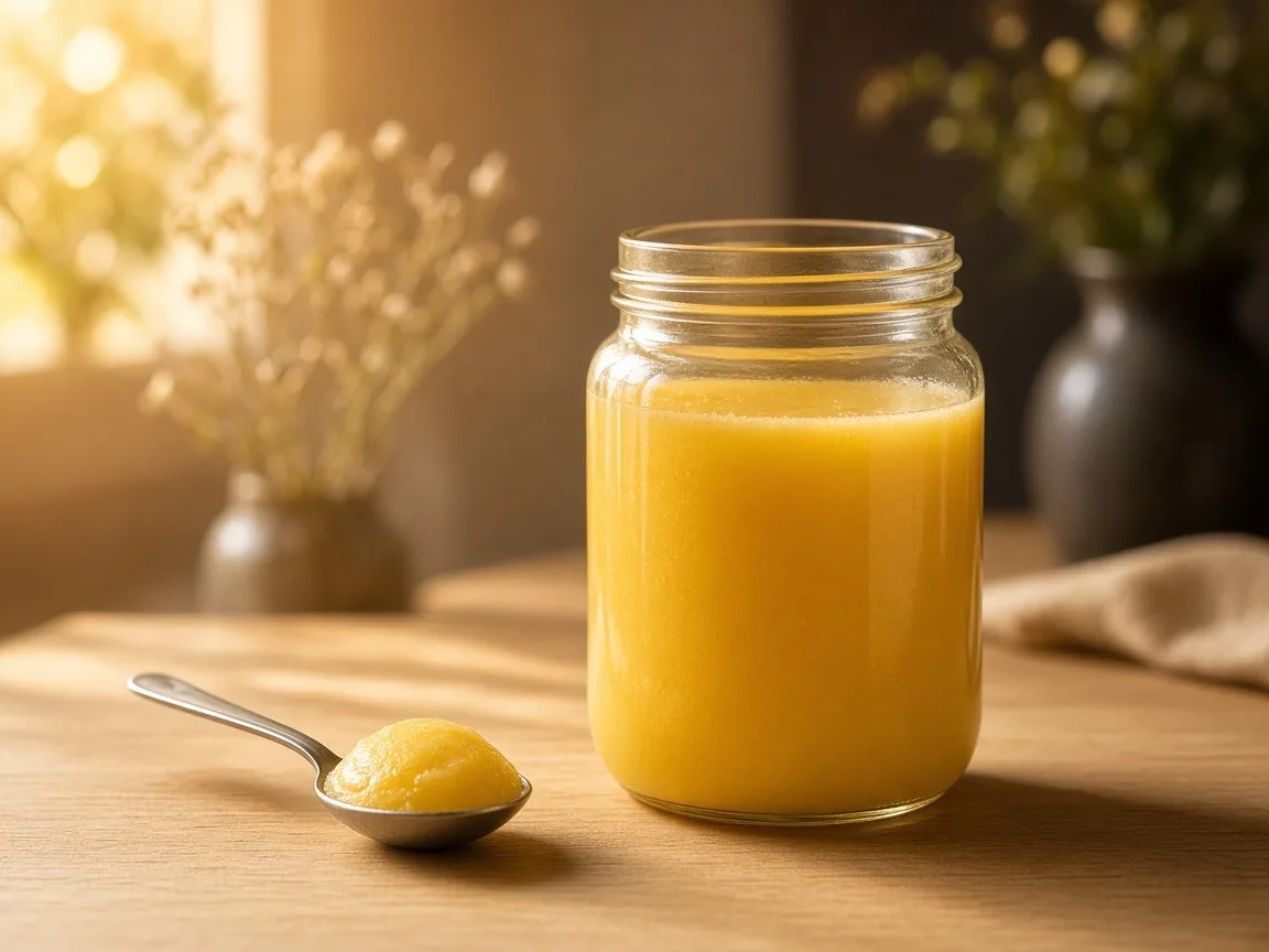 Best time to eat ghee - a spoon of ghee beside a glass jar, for morning or night