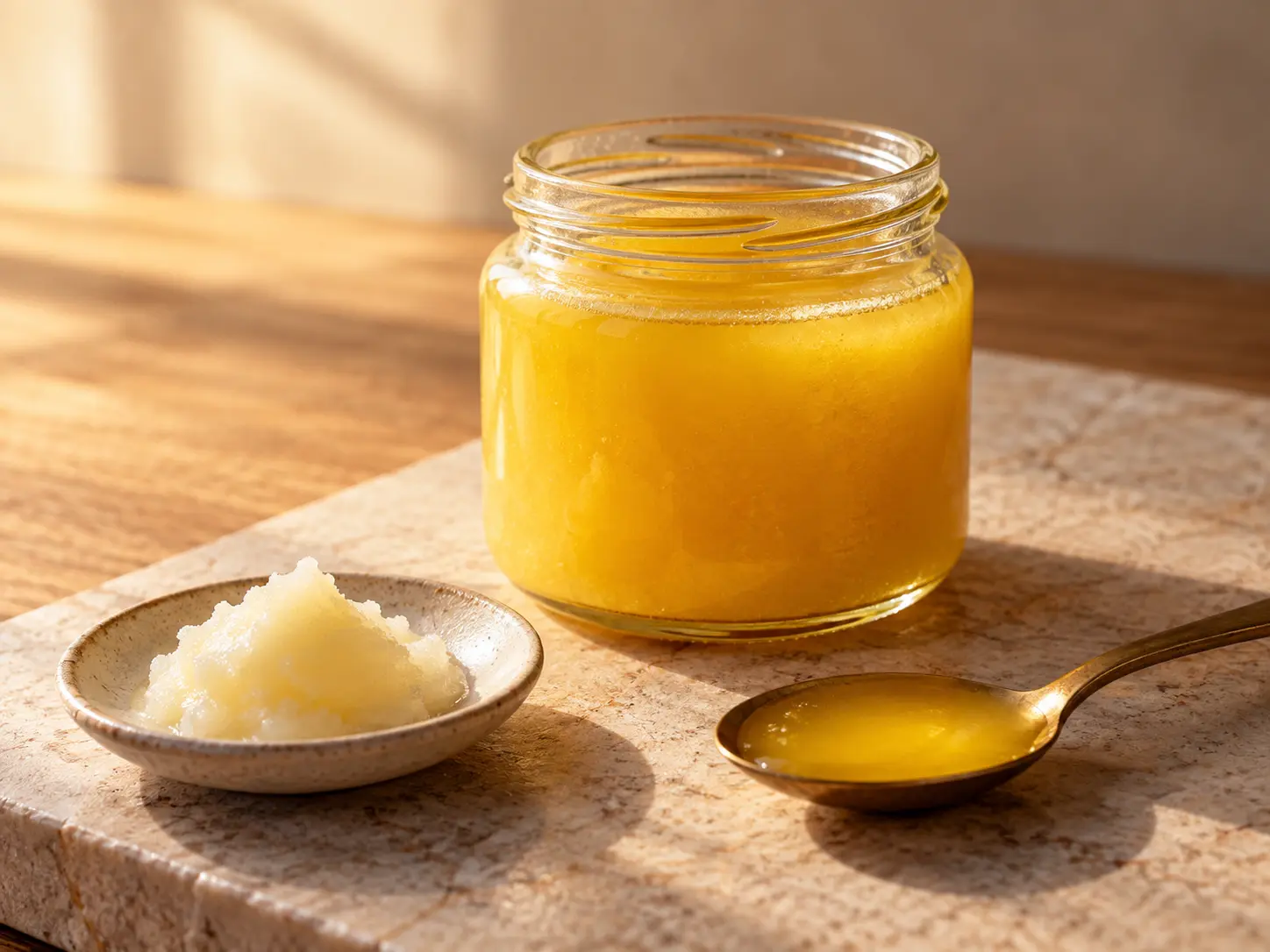 White ghee vs yellow ghee, golden cow ghee beside ivory buffalo ghee